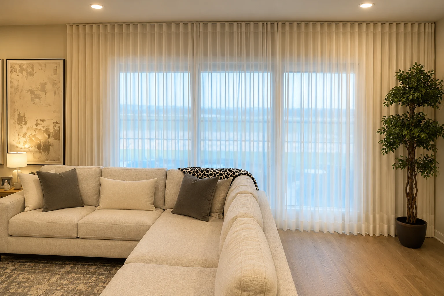 Cortinas leves e translúcidas em janelas amplas atrás de um sofá modular aconchegante